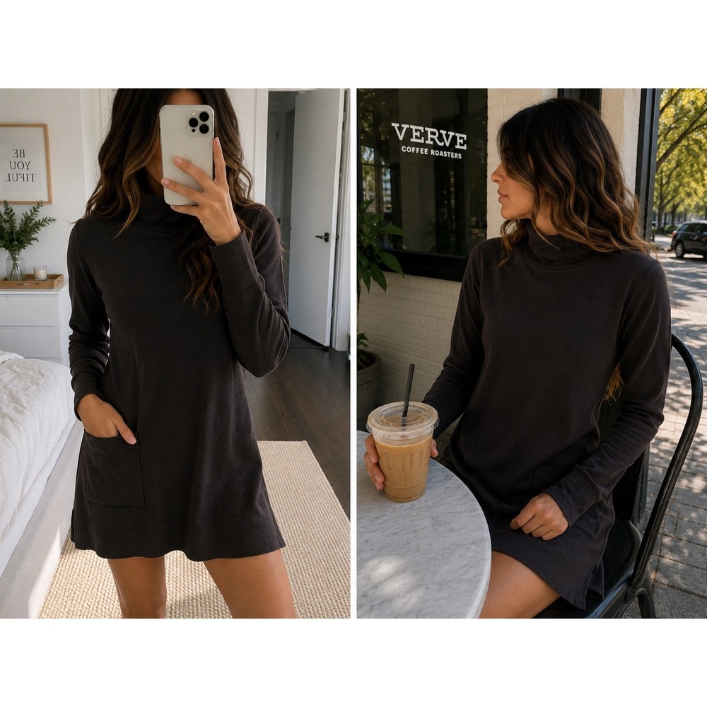 Cabi Fireside Dress Small Brown‎ Turtleneck Sweater Tunic Long Sleeve Pockets